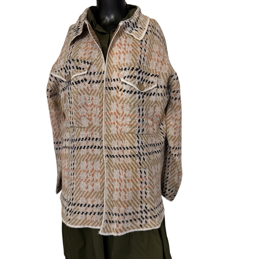 Plaid Women's Cardigan Sweater - Cream and Tan - Picture 3 of 15